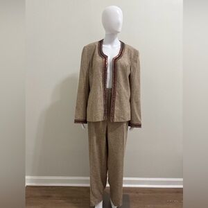 Ellen Tracy Beige Pantsuit with Brown silk linen Sz 16/14